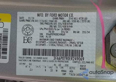 2014 Ford Fusion Se из США, поврежденный, VIN 3FA6P0T90ER249069